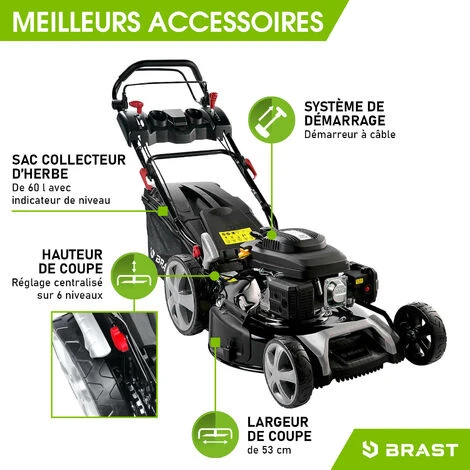 Tondeuse Thermique Autotractée 53cm 224cc 7cv Vitesse D'entraînement Triple Réglable Marque Française GT 60l Réglage Central 30-80mm, Capot En Tôle En Acier, 4 En 1 – Modèle 21224 SPEED De BRAST – Image 3