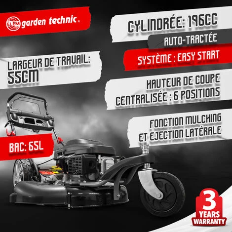 Tondeuse Thermique Tractée 3 Roues 196cc - 55cm - Elem Garden – Image 2