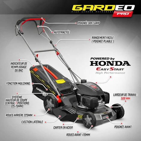 Tondeuse Thermique Tractée 167CC Avec Moteur Honda, Mulching Et éjection Latérale - Gardeo Pro – Image 2