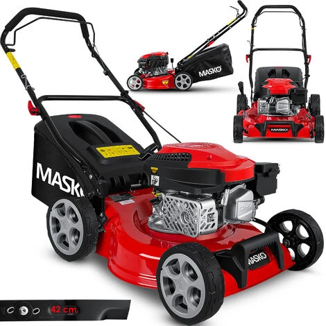 MASKO® Tondeuse à Essence 5 En 1 Roue Motrice Fonction De Nettoyage EasyClean Fonction Mulching Éjection Latérale Largeur De Coupe élevée Réglage De La Hauteur De Coupe Sur 8 Positions | Moteur 4 Temps | Bac De Ramassage, Rouge Noir, Schnittbreite 42cm (de)