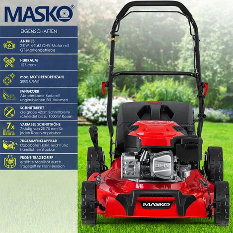 MASKO® Tondeuse à Essence 5 En 1 Roue Motrice Fonction De Nettoyage EasyClean Fonction Mulching Éjection Latérale Largeur De Coupe élevée Réglage De La Hauteur De Coupe Sur 8 Positions | Moteur 4 Temps | Bac De Ramassage, Rouge Noir, Schnittbreite 42cm (de) – Image 2