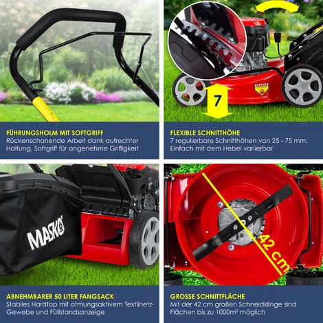 MASKO® Tondeuse à Essence 5 En 1 Roue Motrice Fonction De Nettoyage EasyClean Fonction Mulching Éjection Latérale Largeur De Coupe élevée Réglage De La Hauteur De Coupe Sur 8 Positions | Moteur 4 Temps | Bac De Ramassage, Rouge Noir, Schnittbreite 42cm (de) – Image 3
