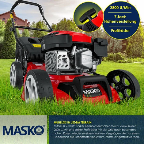 MASKO® Tondeuse à Essence 5 En 1 Roue Motrice Fonction De Nettoyage EasyClean Fonction Mulching Éjection Latérale Largeur De Coupe élevée Réglage De La Hauteur De Coupe Sur 8 Positions | Moteur 4 Temps | Bac De Ramassage, Rouge Noir, Schnittbreite 42cm (de) – Image 4