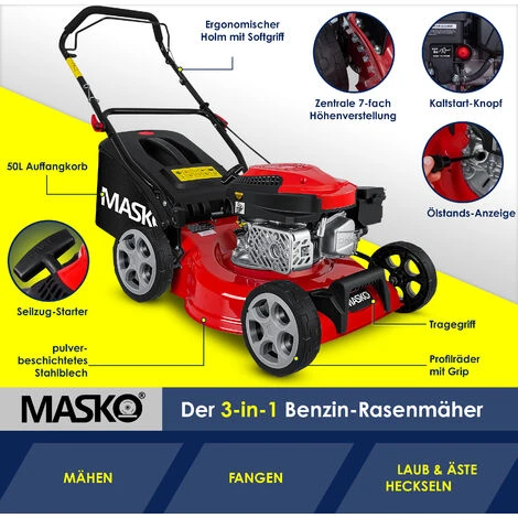MASKO® Tondeuse à Essence 5 En 1 Roue Motrice Fonction De Nettoyage EasyClean Fonction Mulching Éjection Latérale Largeur De Coupe élevée Réglage De La Hauteur De Coupe Sur 8 Positions | Moteur 4 Temps | Bac De Ramassage, Rouge Noir, Schnittbreite 42cm (de) – Image 5