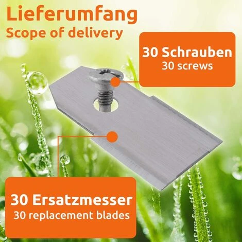 RHAFAYRE 30x Lames De Rechange En Acier Inoxydable Compatible Avec Husqvarna Gardena McCulloch Rob Flymo Yardforce Matrix Grizzly Brast - Comprend Des Vis – Image 4