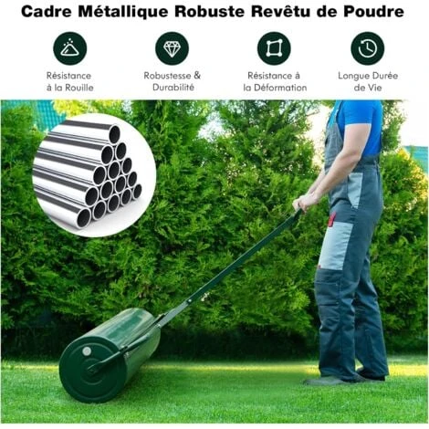 COSTWAY Rouleau à Gazon De Jardin En Métal Avec Poignée De Préhension Détachable, Rouleau De Pelouse Rempli D'eau/Sable 63L- Ø 30 CM, Idéal Pour Obtenir Pelouse Uniforme (Vert) – Image 2