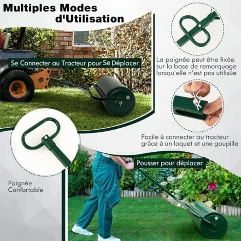COSTWAY Rouleau à Gazon De Jardin En Métal Avec Poignée De Préhension Détachable, Rouleau De Pelouse Rempli D'eau/Sable 63L- Ø 30 CM, Idéal Pour Obtenir Pelouse Uniforme (Vert) – Image 3