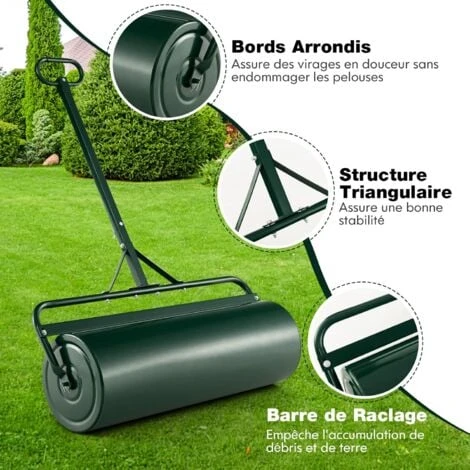 COSTWAY Rouleau à Gazon De Jardin En Métal Avec Poignée De Préhension Détachable, Rouleau De Pelouse Rempli D'eau/Sable 63L- Ø 30 CM, Idéal Pour Obtenir Pelouse Uniforme (Vert) – Image 4